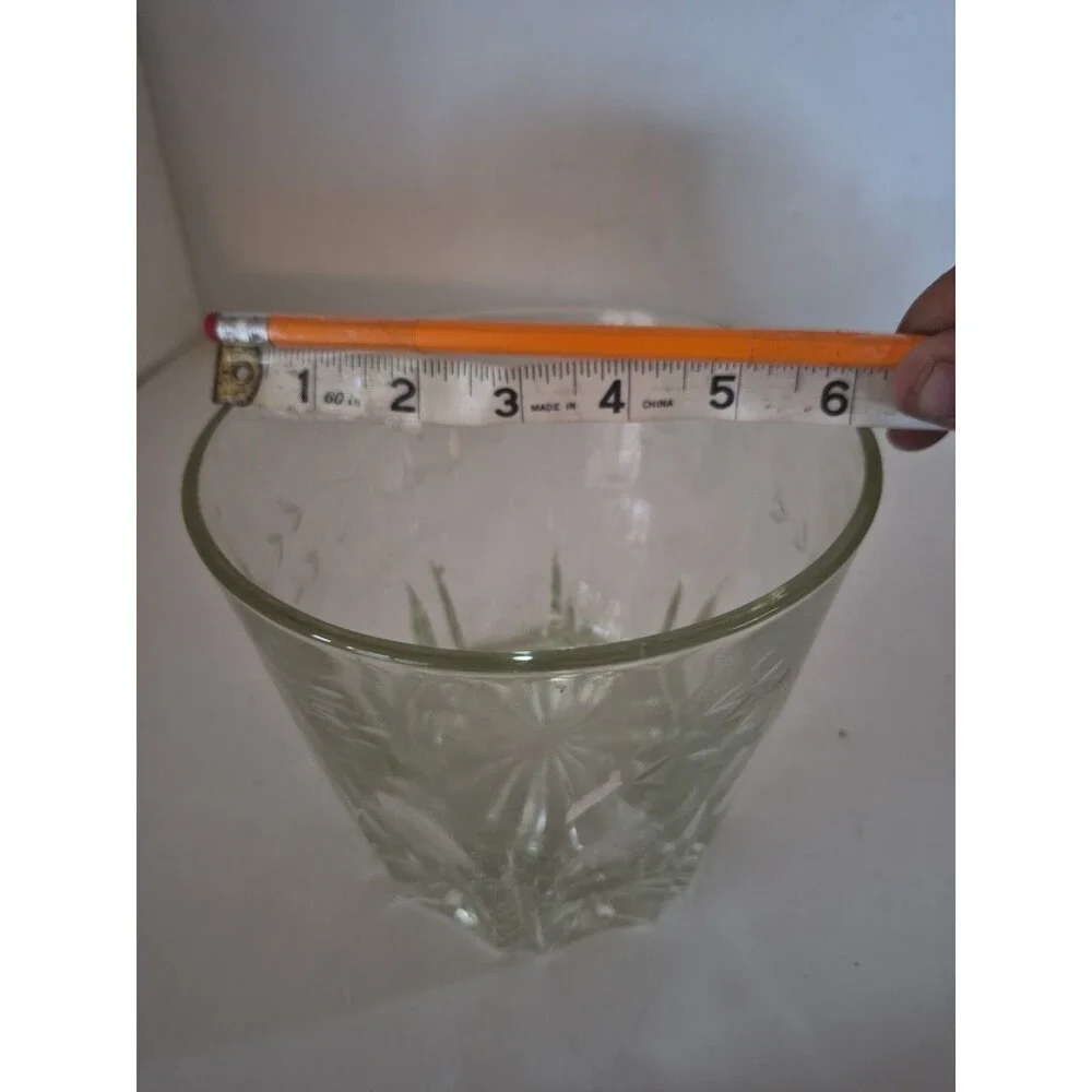 VINTAGE ETCHED LEAD GLASS ICE BUCKET WITH FLORAL DESIGN 5.5